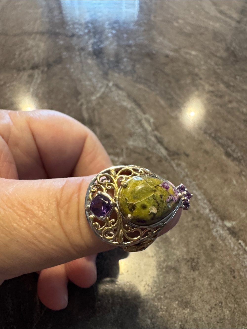 Sterling Filigree Ring with Green Jasper and Purple Accents